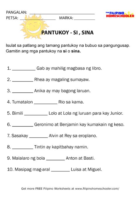 Mga Pantukoy: Si, Sina, Ang, Ang Mga (Filipino Lesson, Quiz and Works.